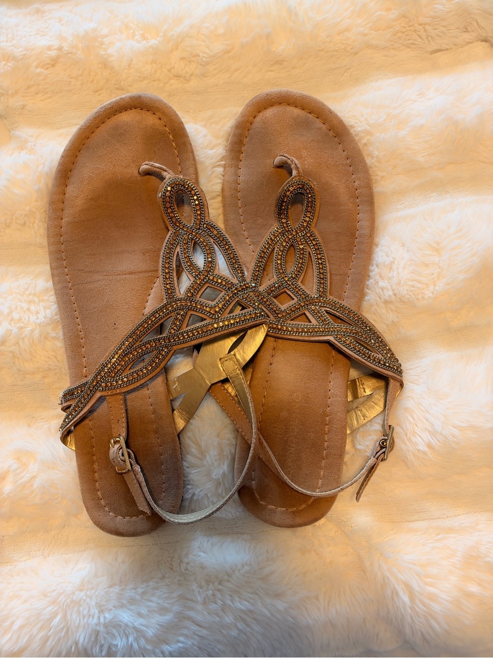 Bandolino Tan Beaded Decorative T-Strap Sandals